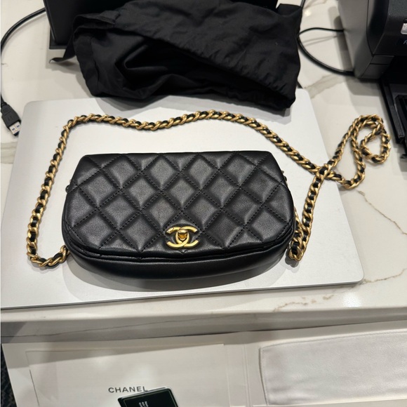 Chanel Clutch with Chain Black and Gold Like New - Picture 3 of 12